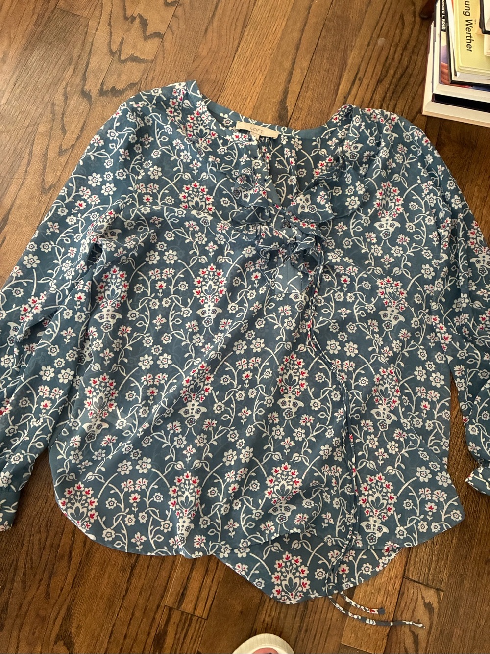 LOFT Blue Floral Tie-Neck Blouse